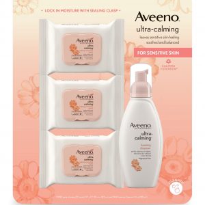 Aveeno Ultra-Calming Foaming Cleanser and Makeup Remover & Cleansing Oil-Free Makeup Removing Wipes, 6 fl. oz. + 3 pk./25 ct.