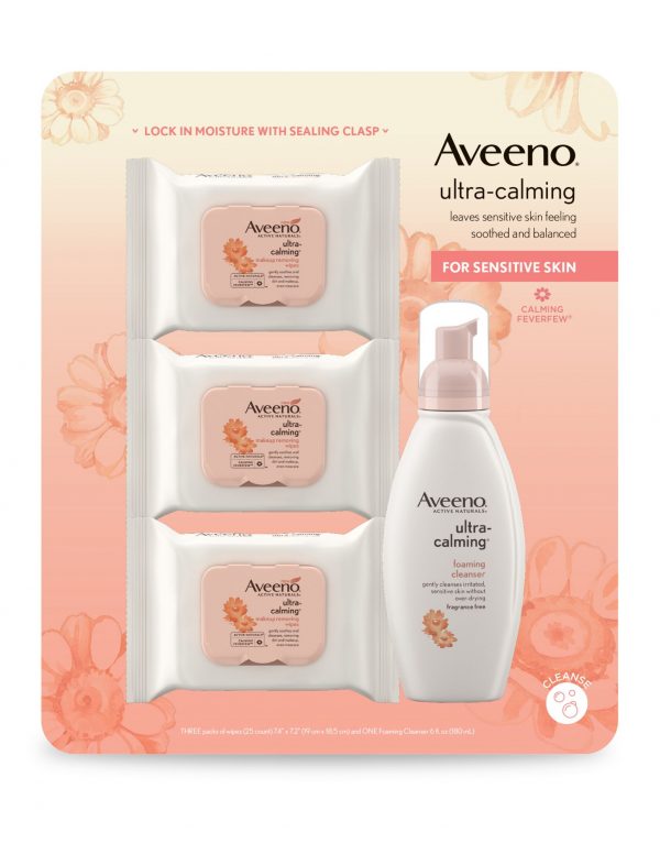 Aveeno Ultra-Calming Foaming Cleanser and Makeup Remover & Cleansing Oil-Free Makeup Removing Wipes, 6 fl. oz. + 3 pk./25 ct.