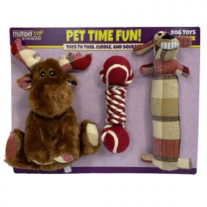 Multipet Dog Toys- Plaid Moose/Rope with Tennis Ball/Plaid Loofa, 3 pk.