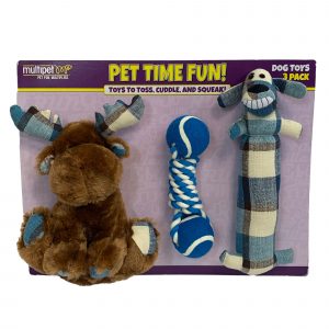 Multipet Dog Toys - Plaid Moose/Rope with Tennis Balls/Plaid Loofa, 3 pk.