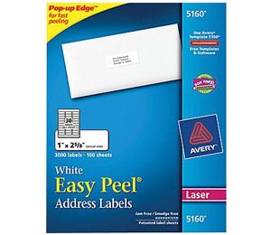 Avery 5160 White Laser Address Labels with Easy Peel, 1 x 2-5/8, 3,000/Box
