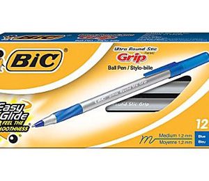 BIC Ultra Round Stic Grip Ballpoint Pens, Medium Point, Blue - 12 Pack