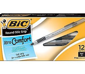 BIC Round Stic Grip Ballpoint Pens, Fine Point, Black - 12 Pack