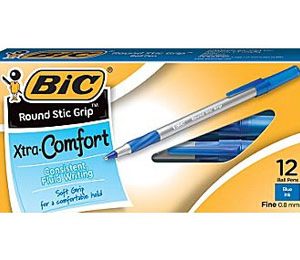 BIC Round Stic Grip Ballpoint Pens, Fine Point, Blue - 12 Pack