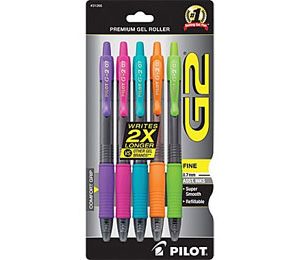 Pilot G2 Retractable Pens, Fine Point, Assorted Fashion Colors, 5/Pack