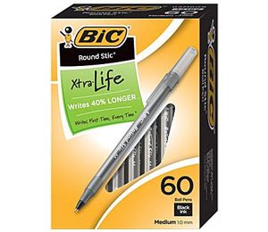 BIC Round Stic Ballpoint Pens, Black Ink, Medium Point - 60 Box