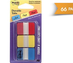 Post-it 1 Durable Tabs, Red/Yellow/Blue, 66 Tabs/Pack