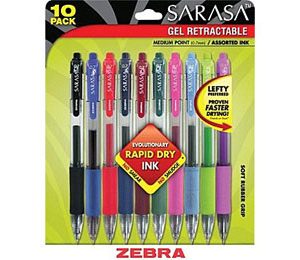 Zebra Sarasa Retractable Gel-Ink Pens, Medium Point, Assorted - 10 Pack