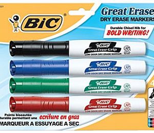 BIC Great Erase Dry-Erase Markers with Grip Zone, Assorted, Chisel Tip - 4 Pack