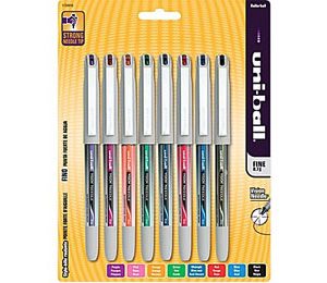 Uni-ball Vision Needle Stick Roller Ball Pen, 0.7 mm Fine Needle, Assorted - 8 Pack