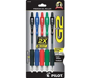 Pilot G2 Retractable Pens, Extra Fine Point, Asst Colors - 5 Pack