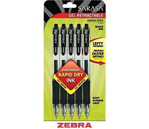 Zebra Sarasa Retractable Gel-Ink Pens, Medium Point, Black- 5 Pack