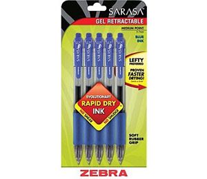 Zebra Sarasa Retractable Gel-Ink Pens, Medium Point, Blue - 5 Pack