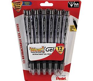 Pentel WOW Retractable Gel-Ink Pens, Medium Point, Black, Carded - 12 Pack