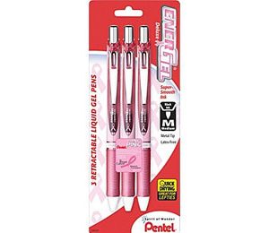 Pentel EnerGel Deluxe Pink Ribbon Retractable Gel-Ink Pens, Medium Point, Pink Barrel - 3 Pack