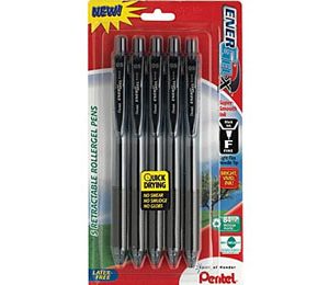 Pentel EnerGel-X RollerGel Retractable Gel-Ink Pens, Medium Point, Black- 5 Pack