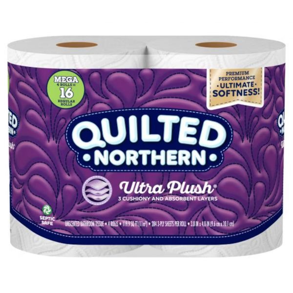 Quilted Northern Ultra Plush Bathroom Tissue, Unscented, Mega Rolls, 3-Ply Mega 4 rolls 16 regular rolls
