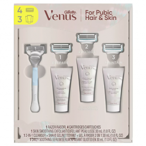 Venus Intimate Grooming Set, Women's Razor Handle, 4 Blade Refills, 2-in-1 Cleanser, Bikini Shave Gel and Daily Soothing Serum