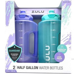 ZULU Half Gallon Water Bottles with Hydration Tracking Time Markers, 2 Pack, 64 Oz