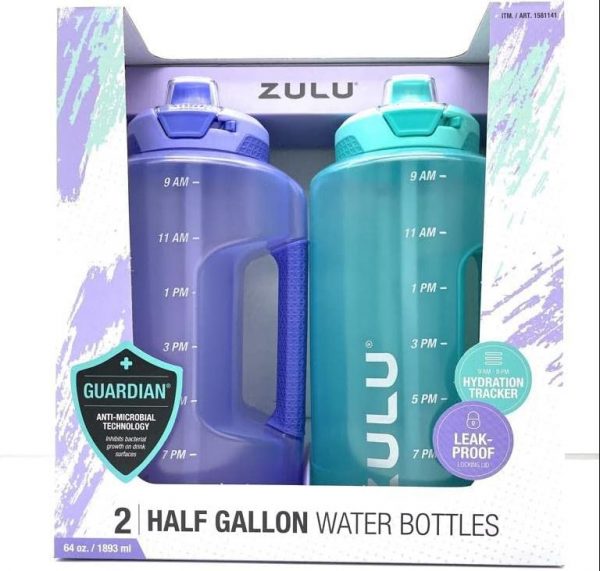 ZULU Half Gallon Water Bottles with Hydration Tracking Time Markers, 2 Pack, 64 Oz